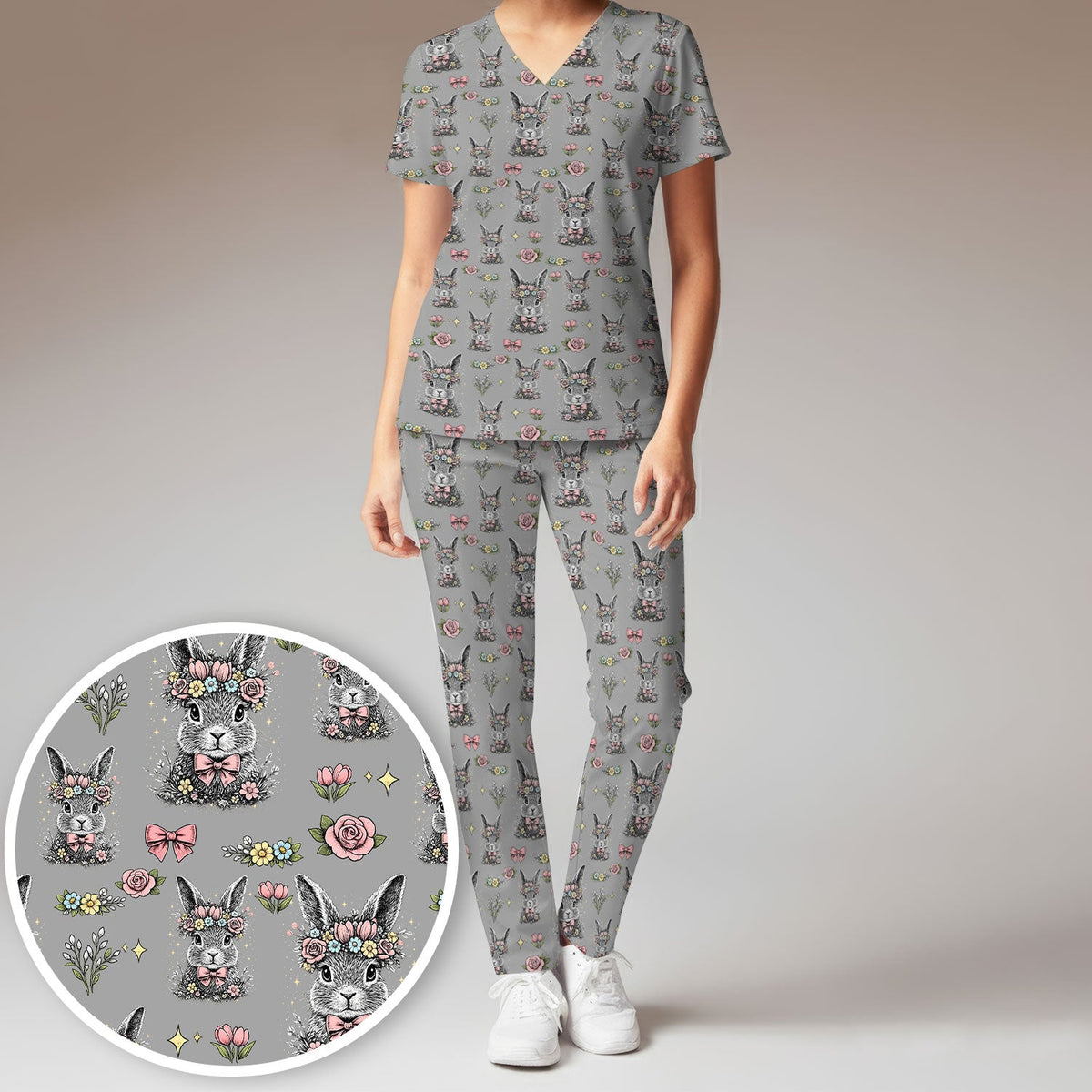 Vintage Floral Bunny Nurse Scrub Set