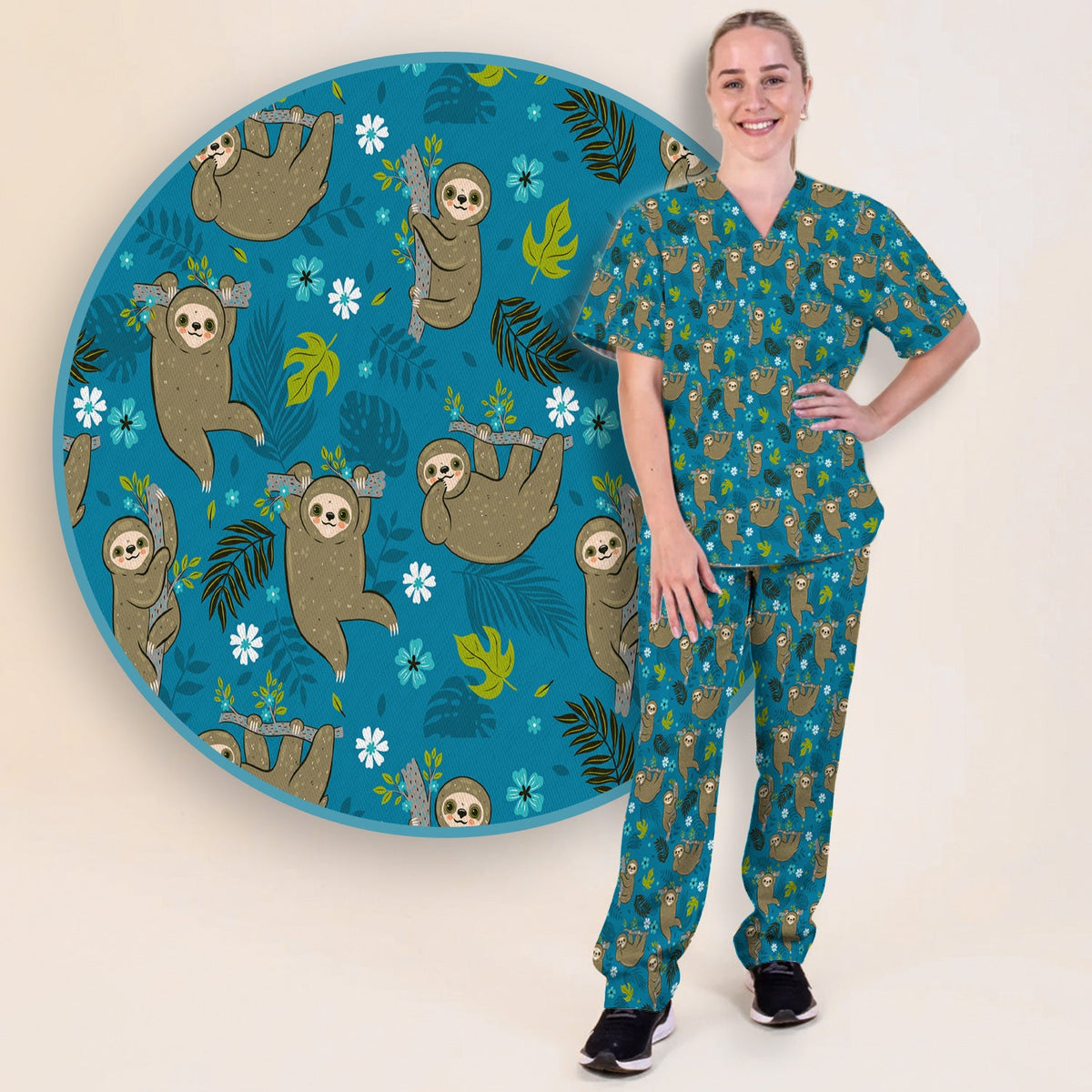 Jungle Tropical Sloth Nurse Scrub Set