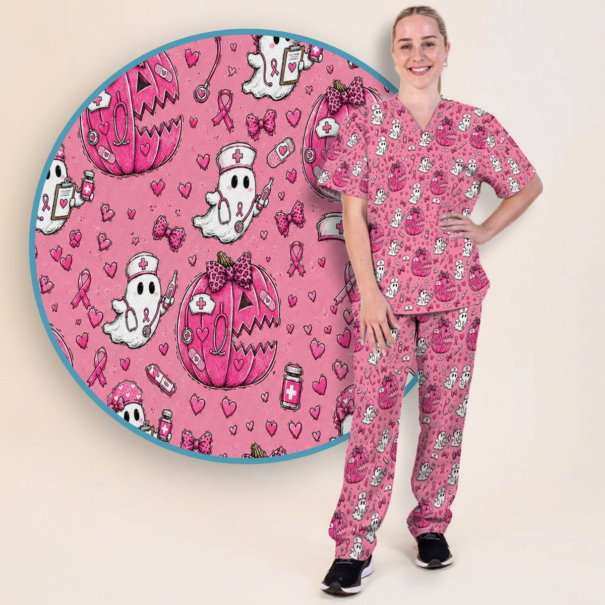 Pink Ribbon Ghost Pattern Nurse Scrub Set