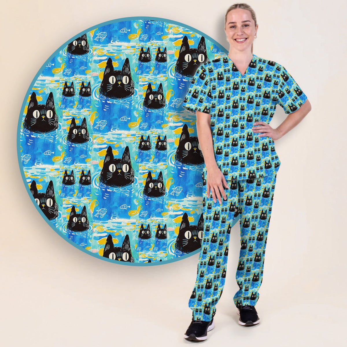 Black Cat Swimming In Blue Water Nurse Scrub Set