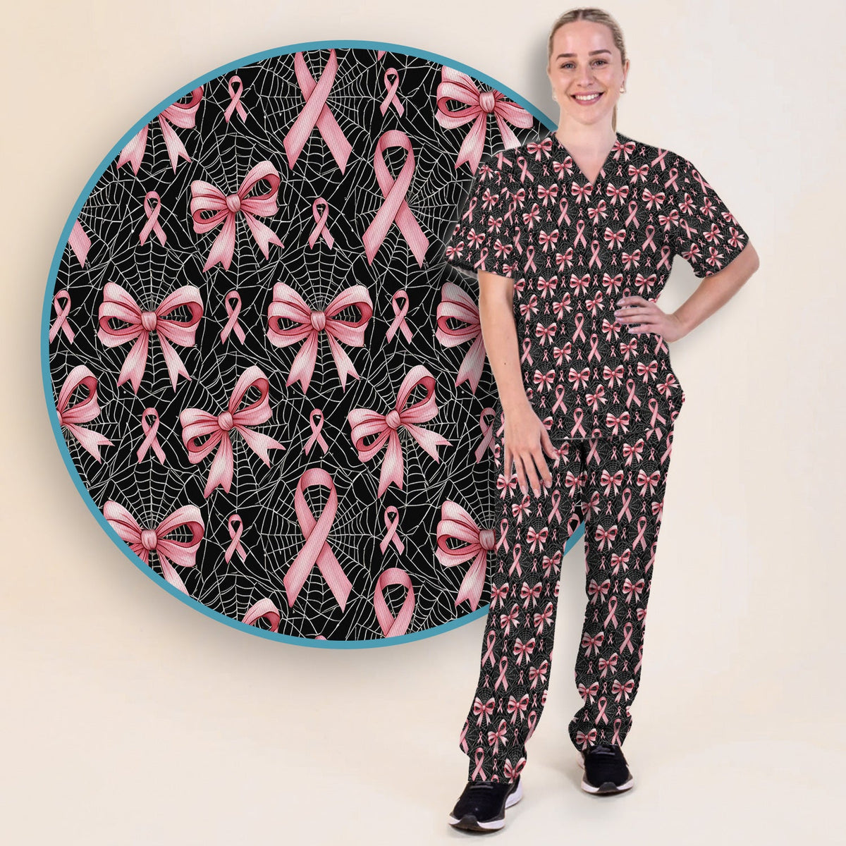 Pink Ribbon Pattern Nurse Scrub Set