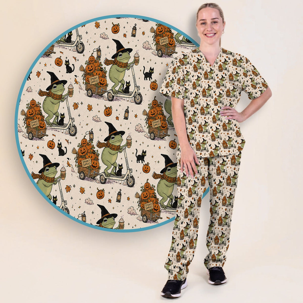 Halloween Witch Frog Pumpkins Nurse Scrub Set