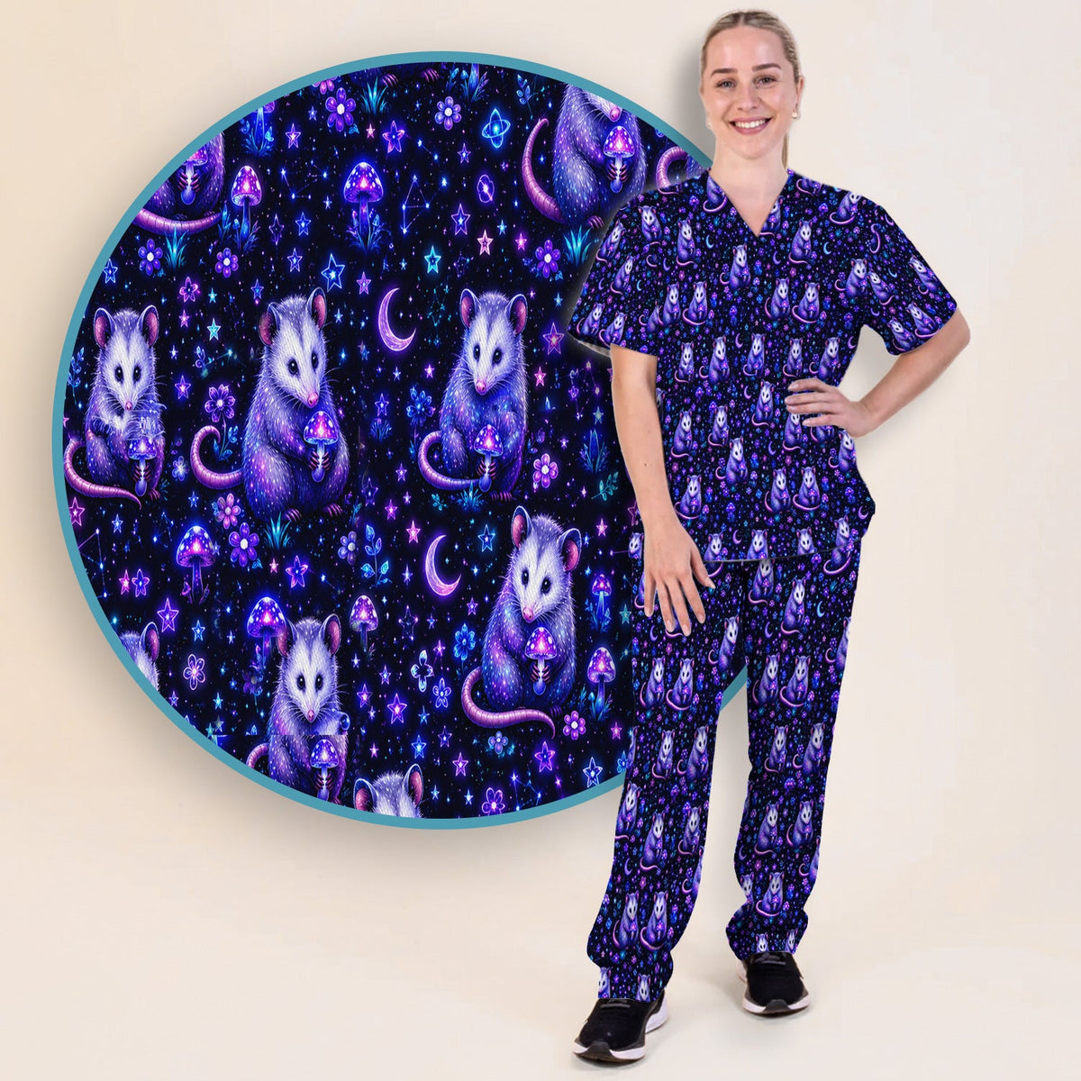 Neon Opossum Mushroom Galaxy Nurse Scrub Set