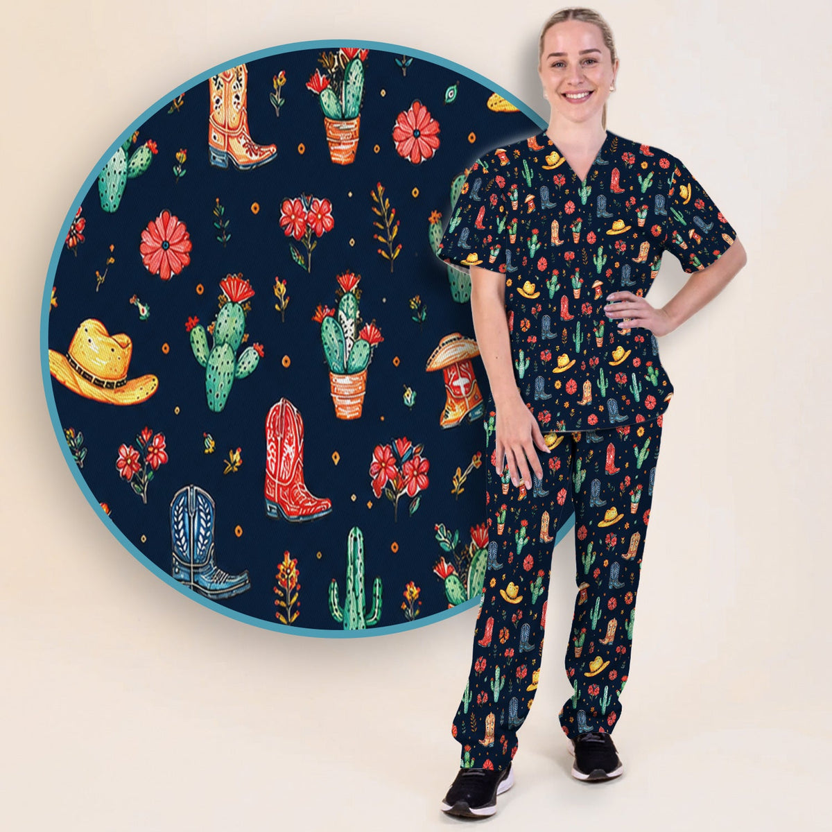 Whimsical Western Cactus Boots Nurse Scrub Set