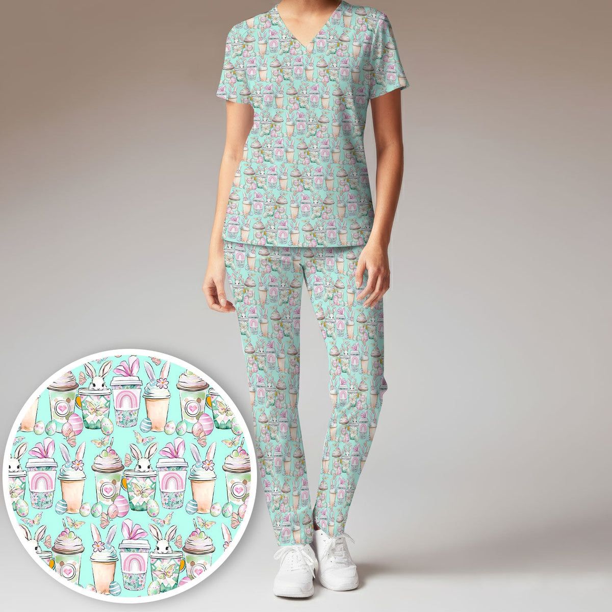 Bunny Coffee Cup Nurse Scrub Set - Easter Gift