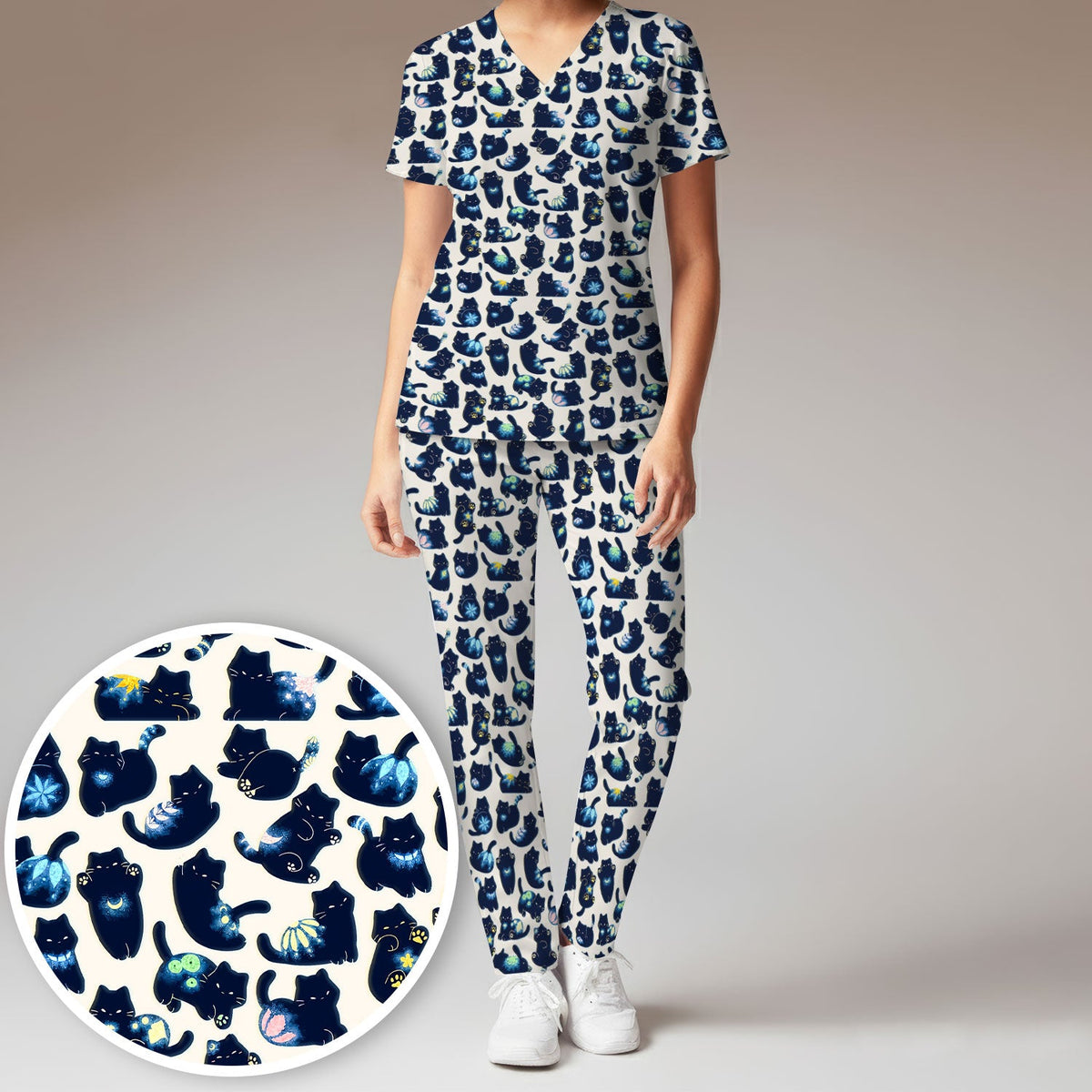 Midnight Black Cat Nurse Scrub Set