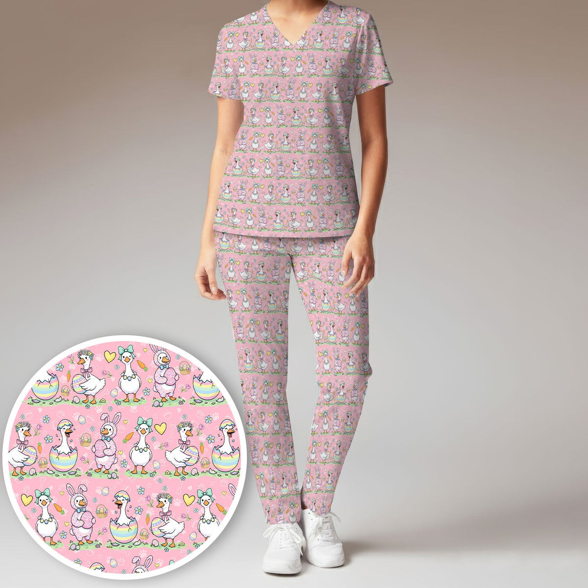 Spring Easter Goose Bunny Nurse Scrub Set