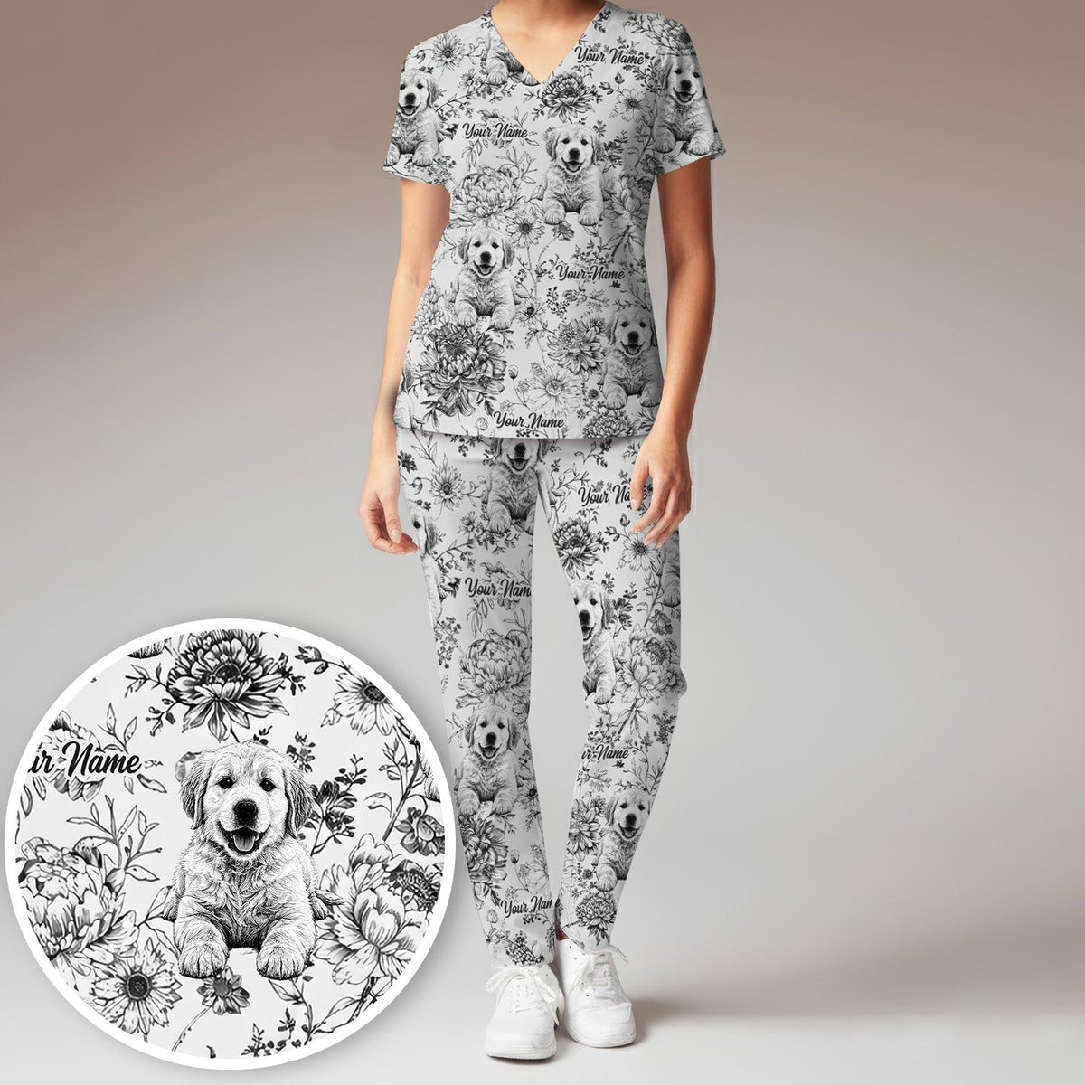 Personalized Pet Photo Floral Nurse Scrub Set