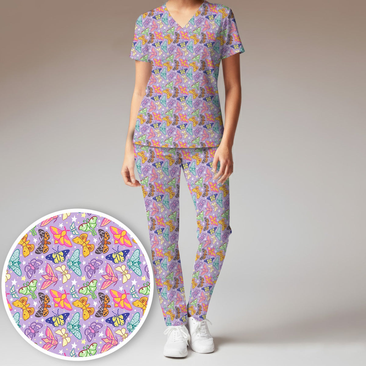 Colorful Butterfly Moth Garden Nurse Scrub Set