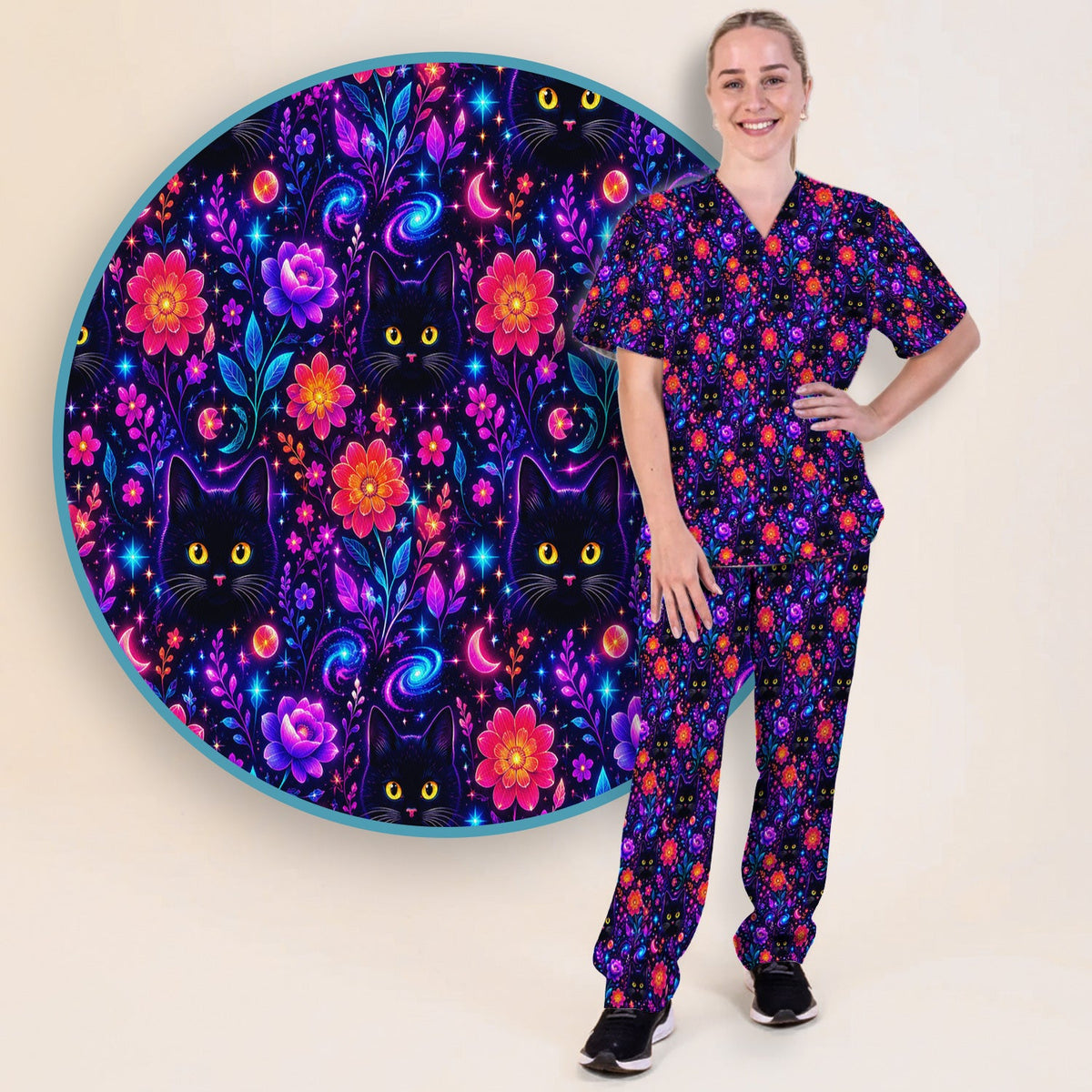 Galaxy Black Cat Floral Nurse Scrub Set