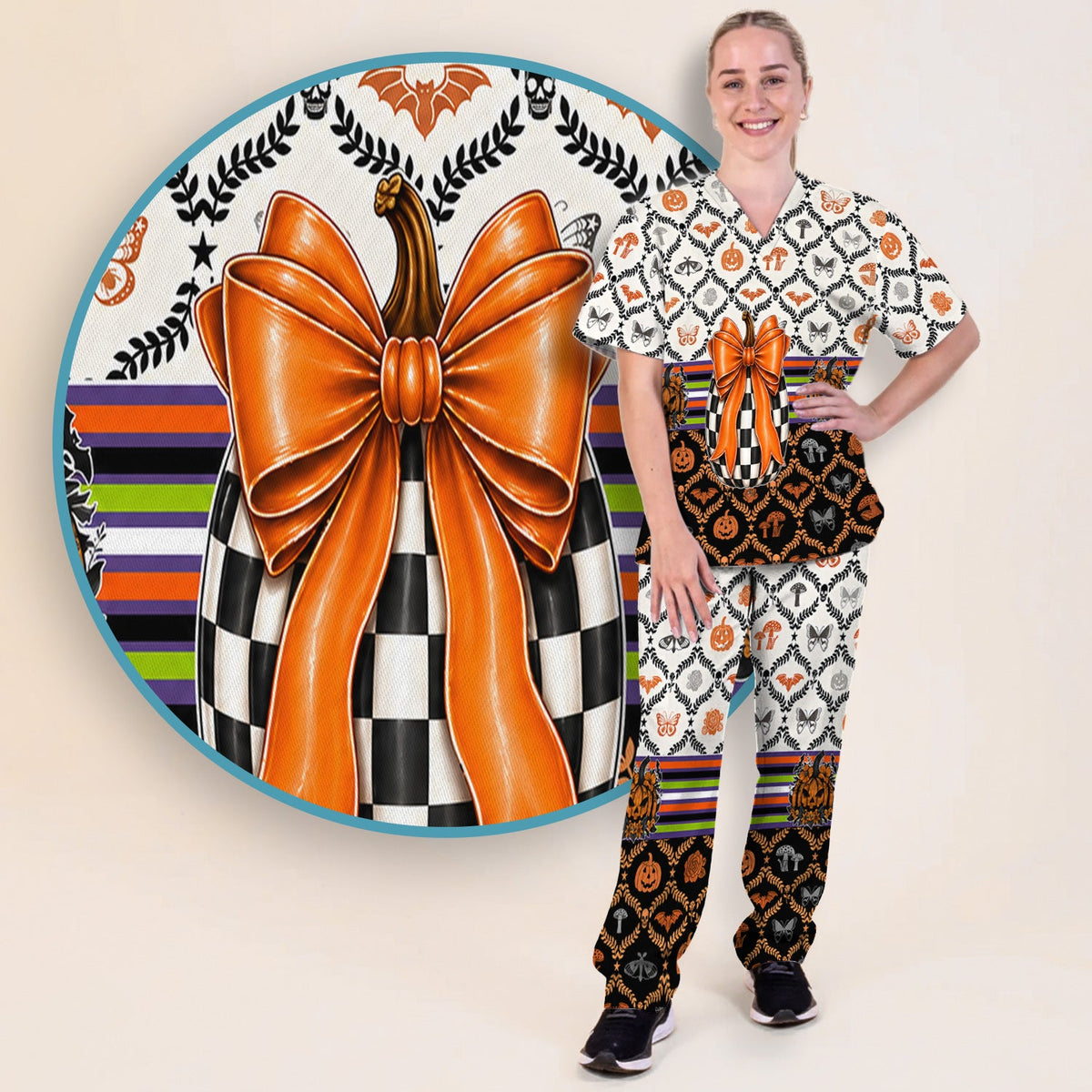 Checkered Pumpkin Bow Nurse Scrub Set - Halloween Gift