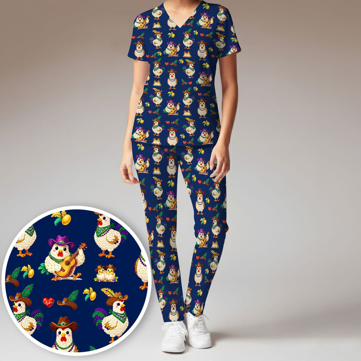 Mardi Gras Rooster Cowboy Nurse Scrub Set