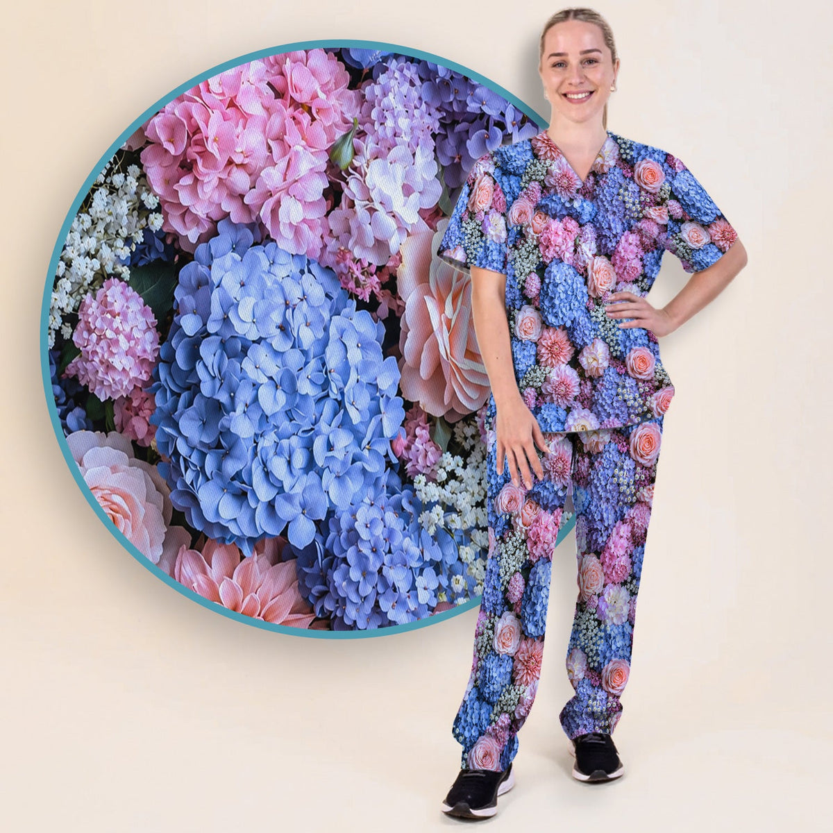 Pastel Hydrangea Rose Blossom Nurse Scrub Set