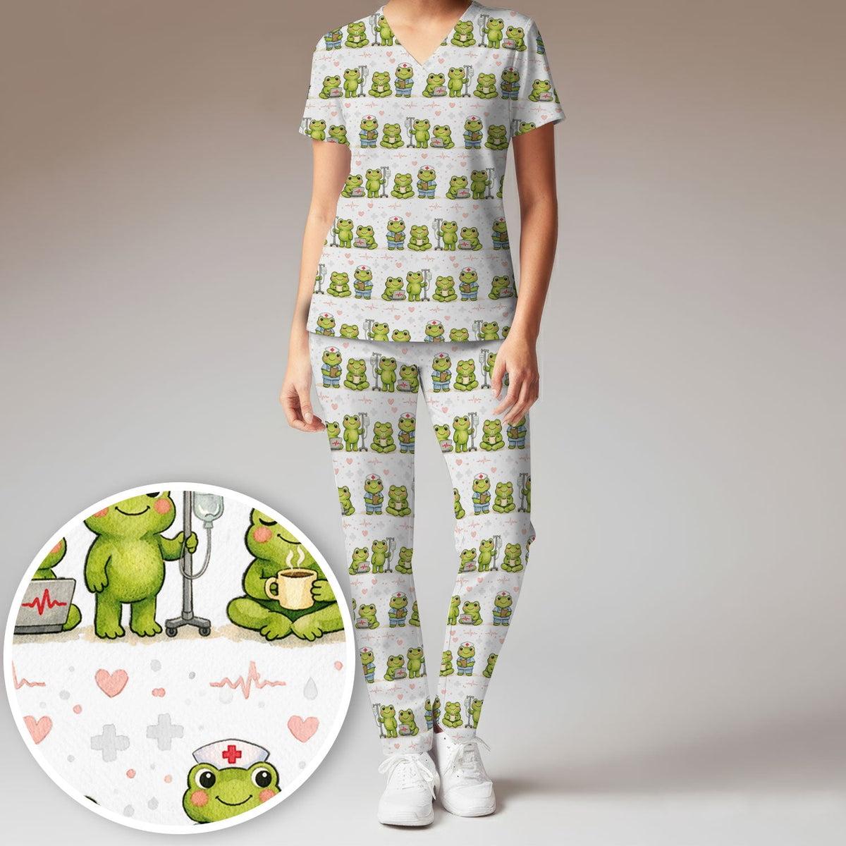 Adorable Frog Various Poses Nurse Scrub Set