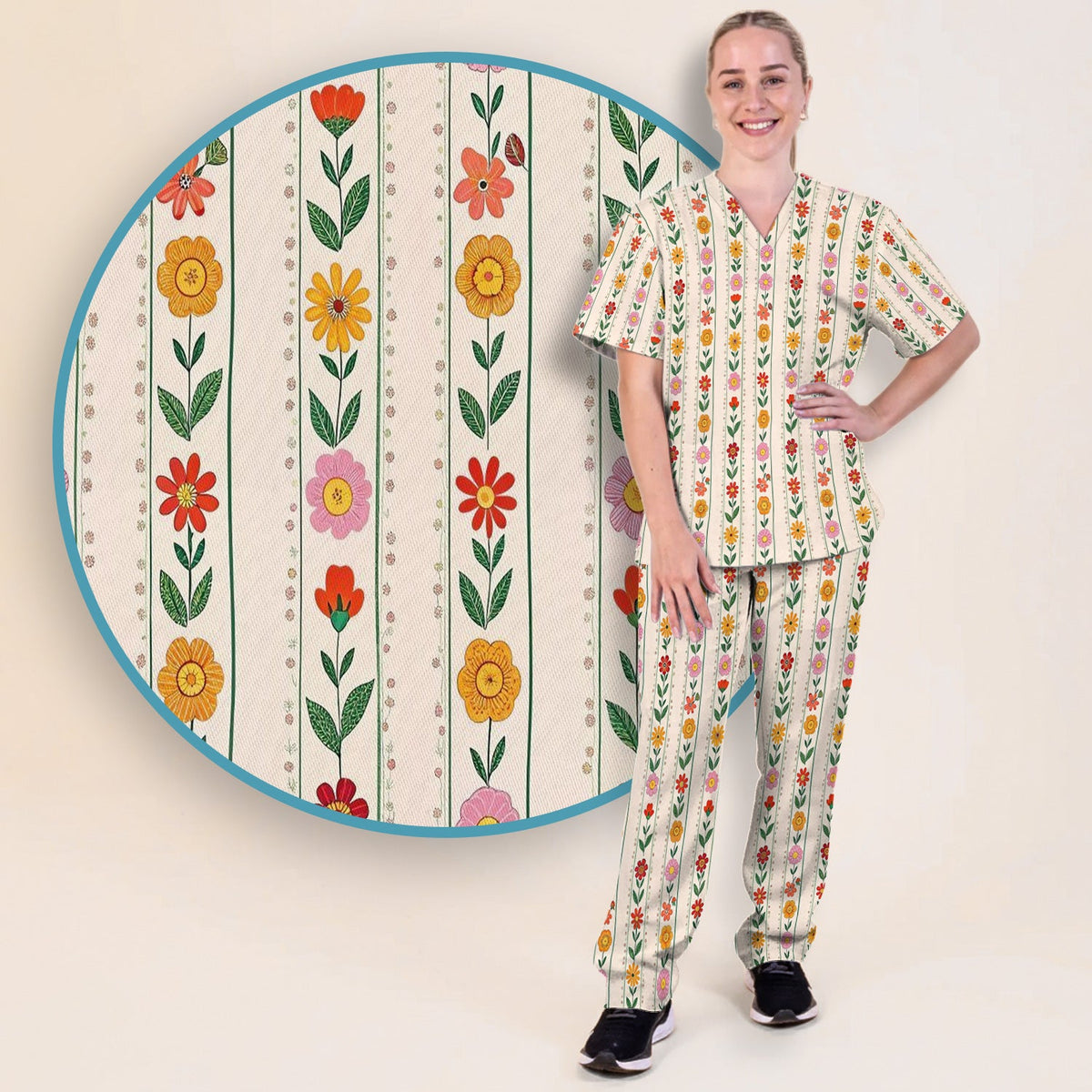 Retro Floral Stripe Print Nurse Scrub Set