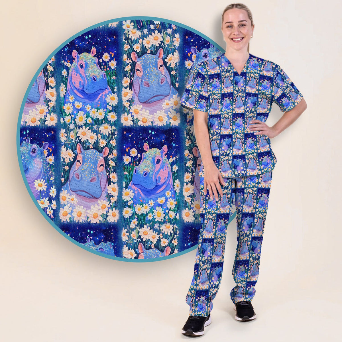 Hippo Daisy Patchwork Nurse Scrub Set