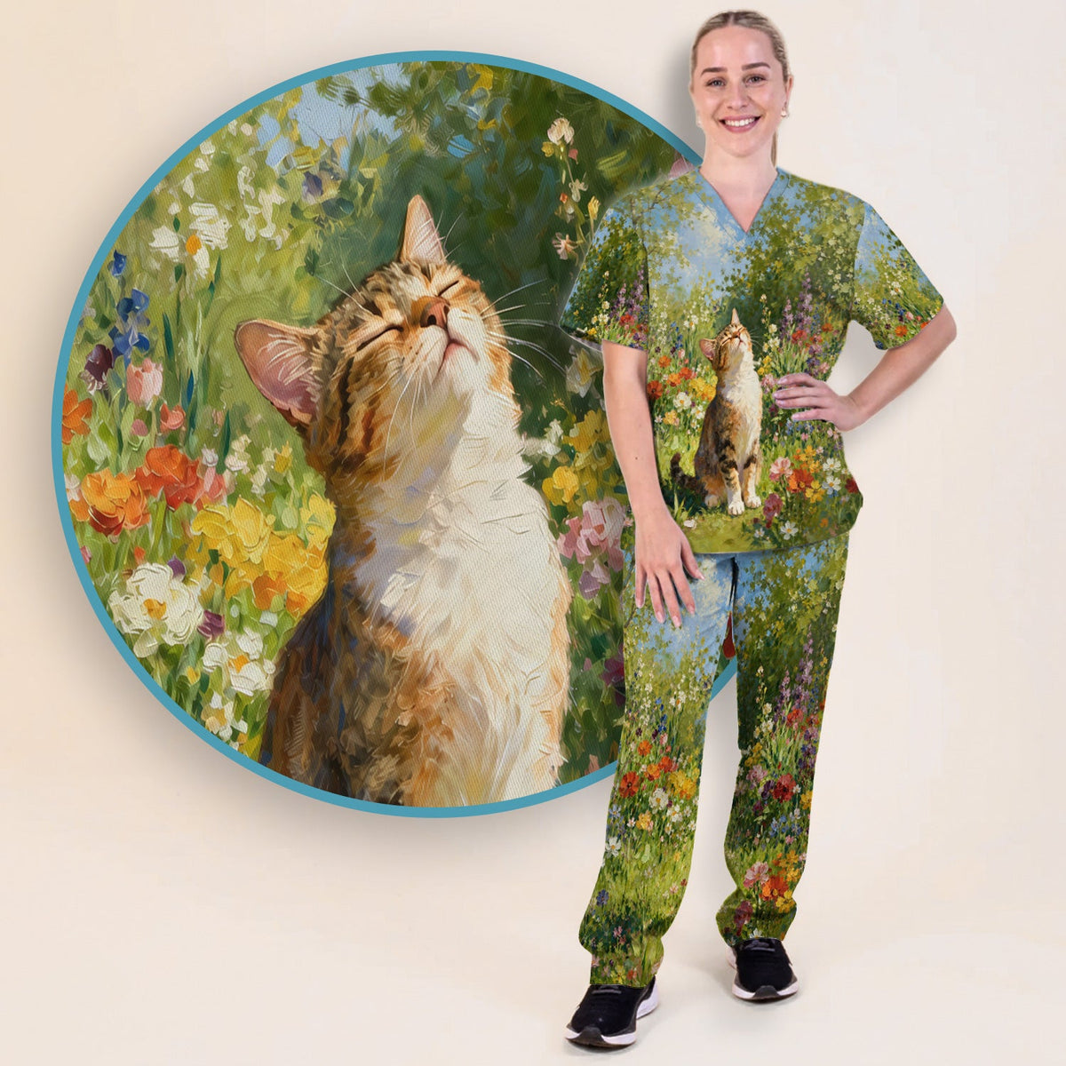 Whimsical Garden Cat Blossom Nurse Scrub Set