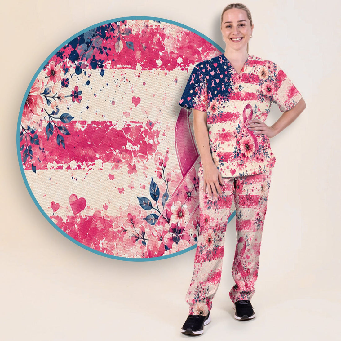Breast Cancer Floral Flag Nurse Scrub Set