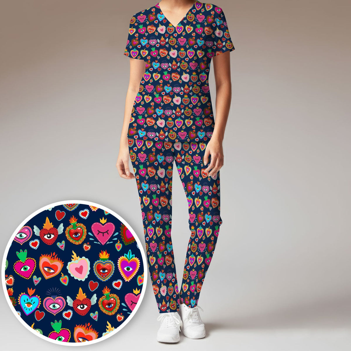 Valentine Colorful Sacred Heart Nurse Scrub Set