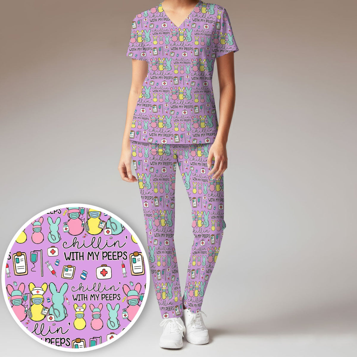 Bunny Nurse Chillin With My Peeps Scrub Set - Easter Gift