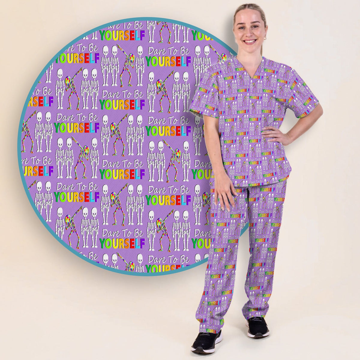 Rainbow Skeleton Dare To Be Yourself Nurse Scrub Set