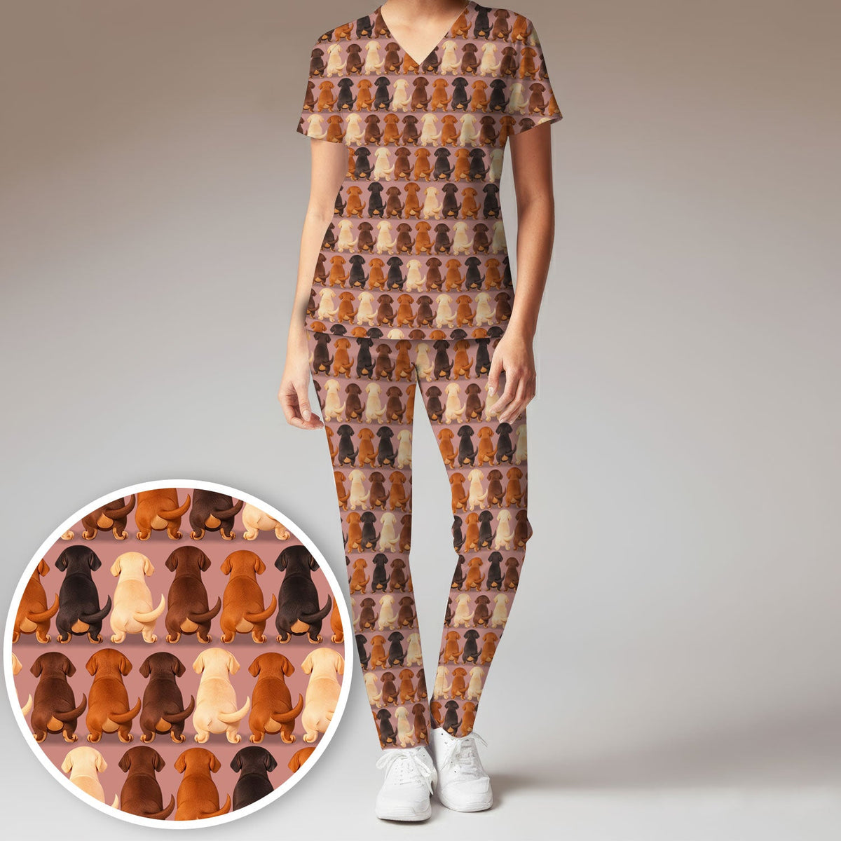 Scrub Set: Cute Dachshund Butt Pattern All Over Print Scrubs Set, Breathable Med Uniform