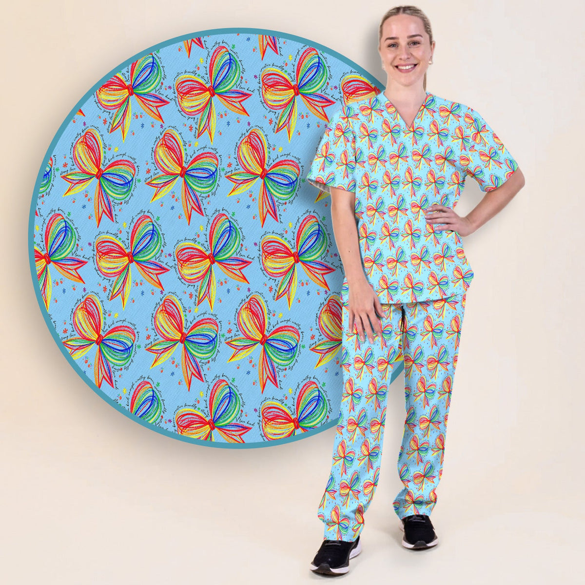Colorful Rainbow Bow Nurse Scrub Set