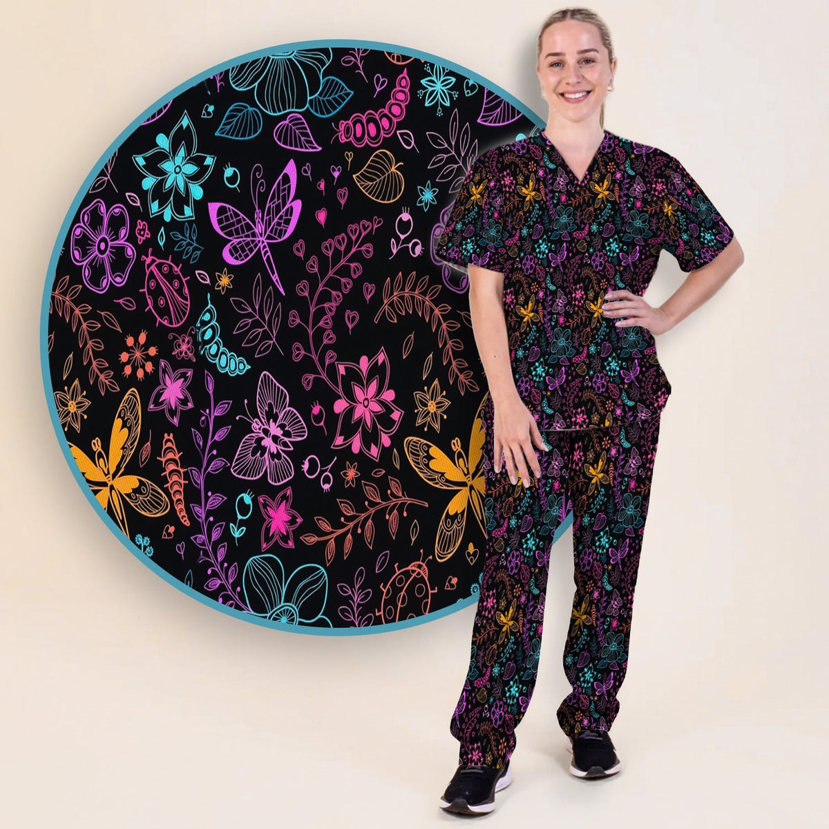 Neon Butterfly Floral Garden Nurse Scrub Set