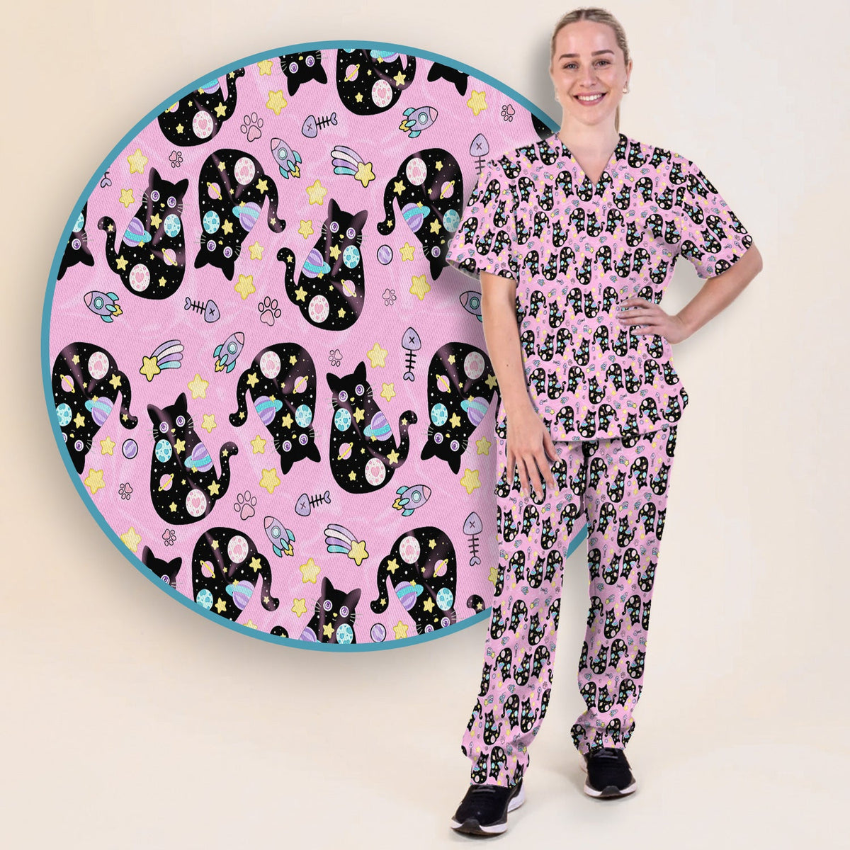 Black Cat Galaxy Space Nurse Scrub Top