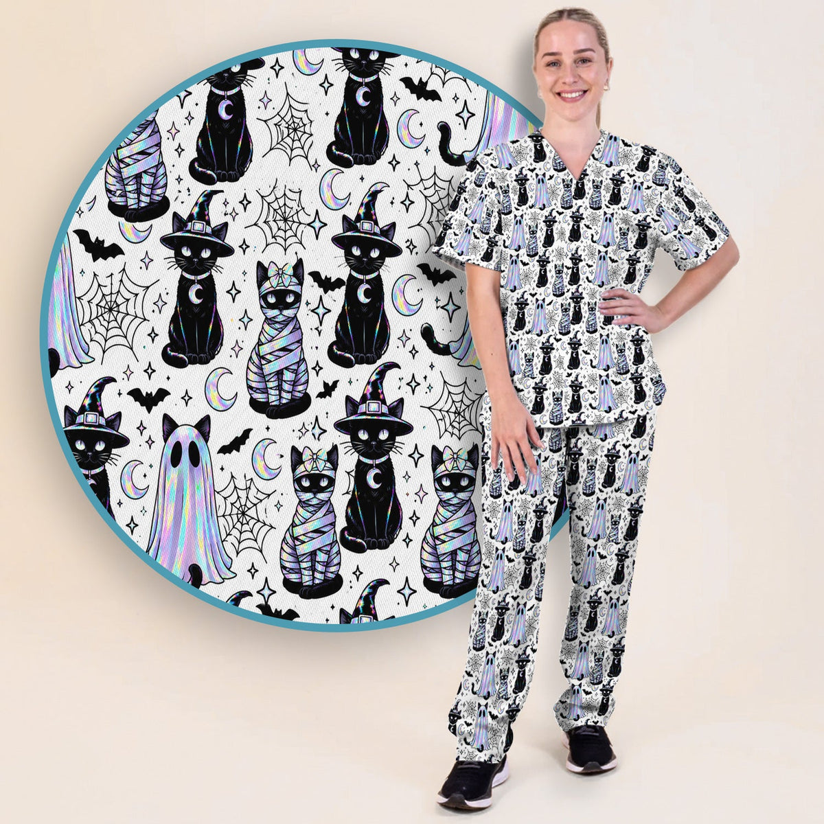 Ghost Witch Cat Nurse Scrub Set - Halloween Gift