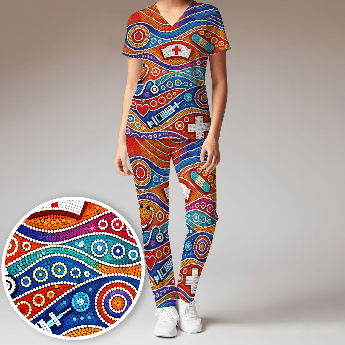 Aboriginal Dot Art Nurse Scrub Set, Artistic Medical Pattern Shirt, Breathable Fabrics Nursing Uniform
