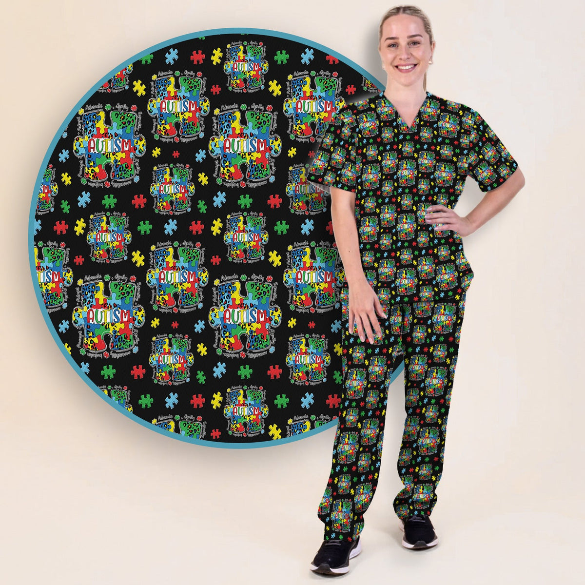 Autism Awareness Puzzle Black White Nurse Scrub Set