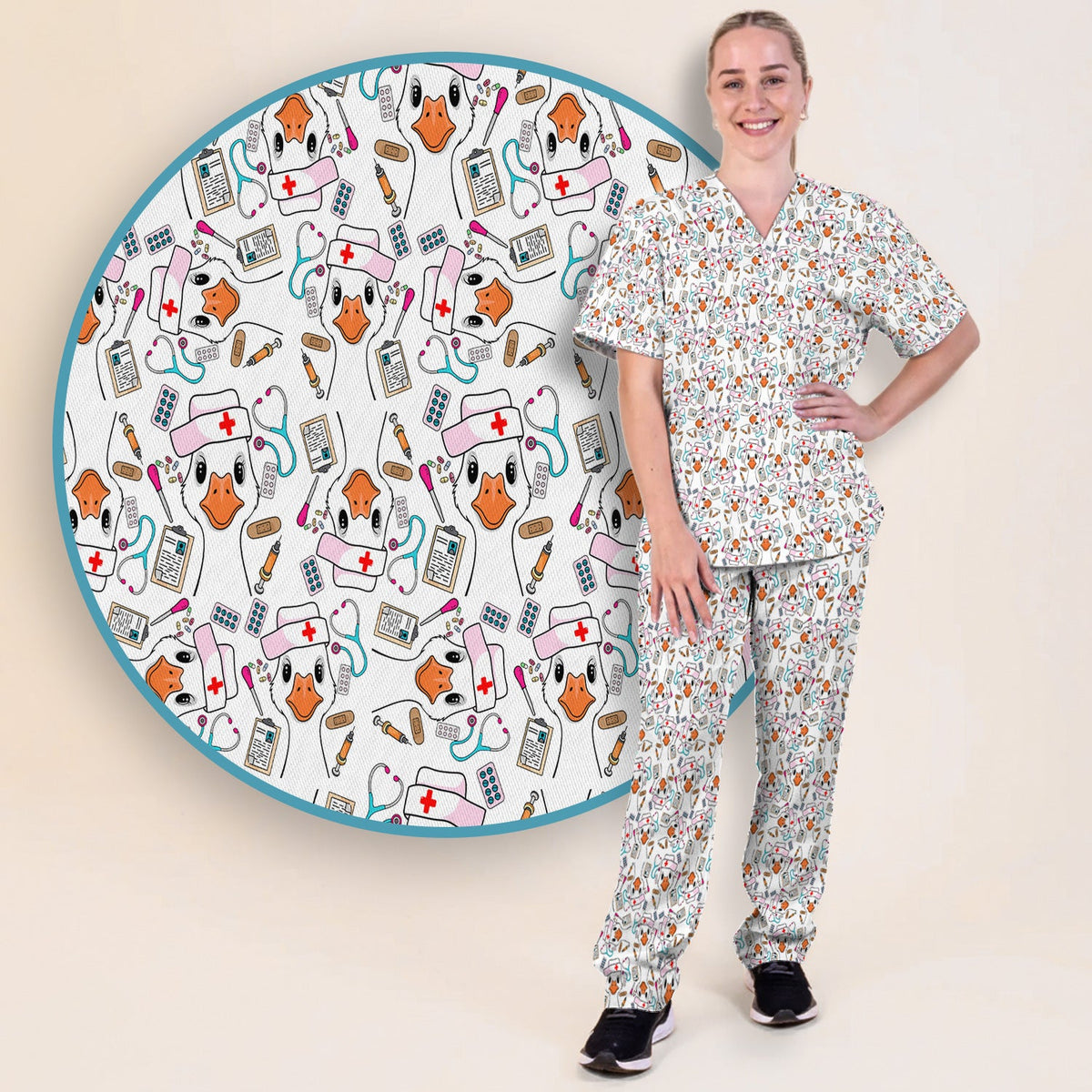Duck Wearing Hat With Medical Tools Nurse Scrub Set