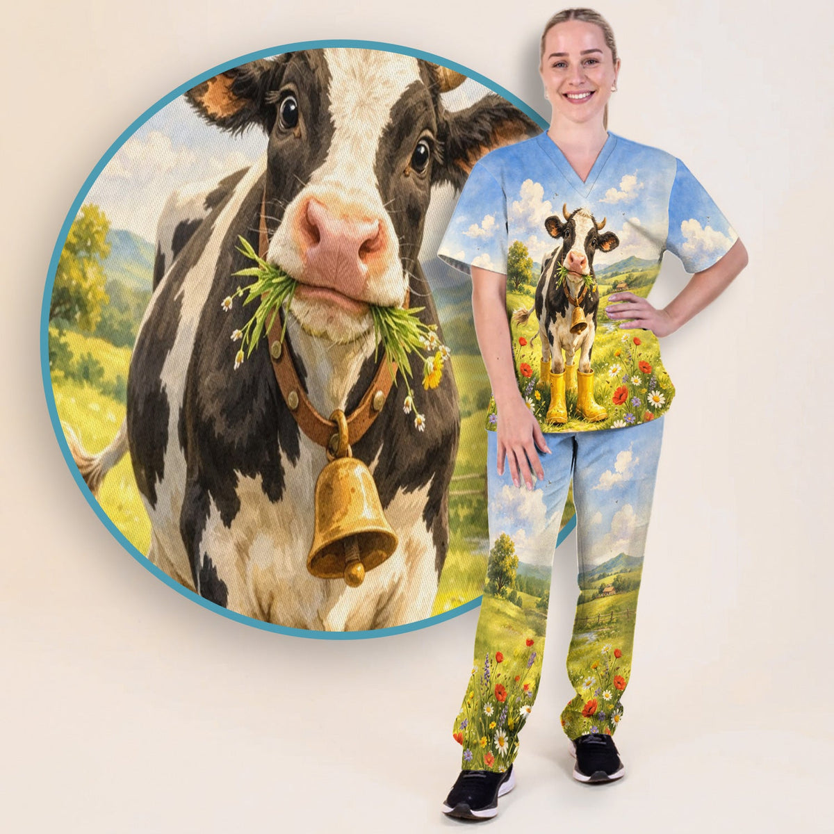 Cow Wearing Boots Nurse Scrub Set