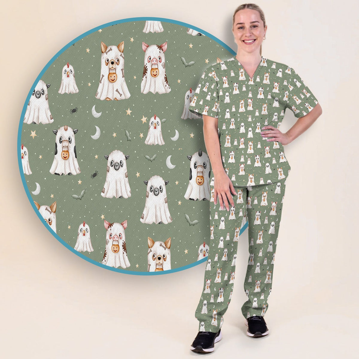 Spooky Farm Animal Ghost Nurse Scrub Set