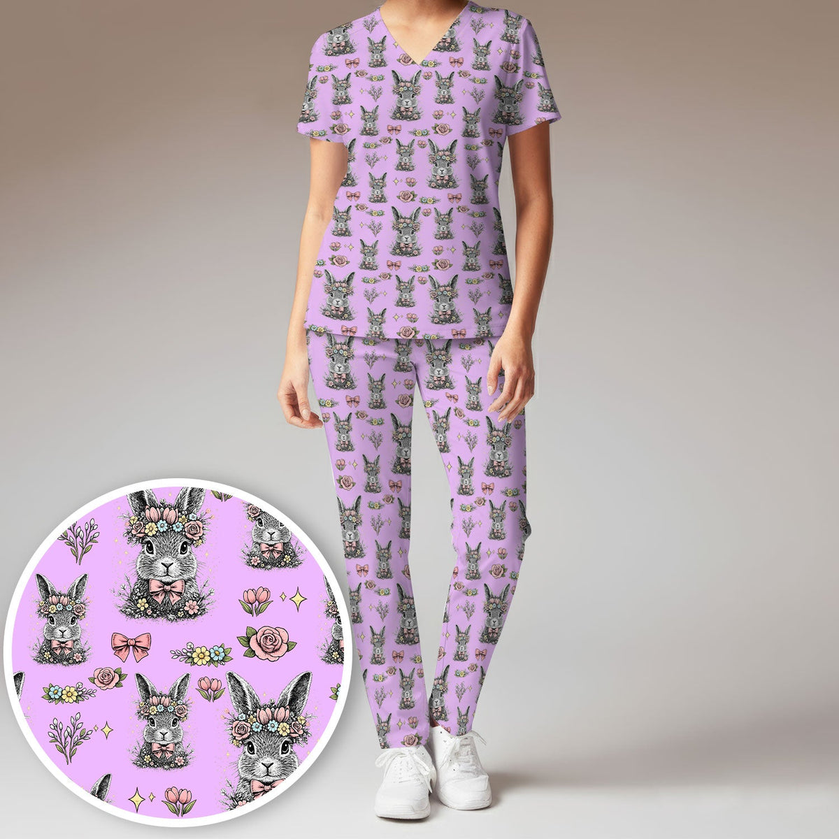 Vintage Floral Bunny Nurse Scrub Set
