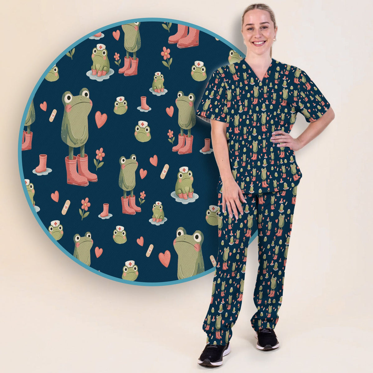 Adorable Frog Boots Heart Nurse Scrub Set