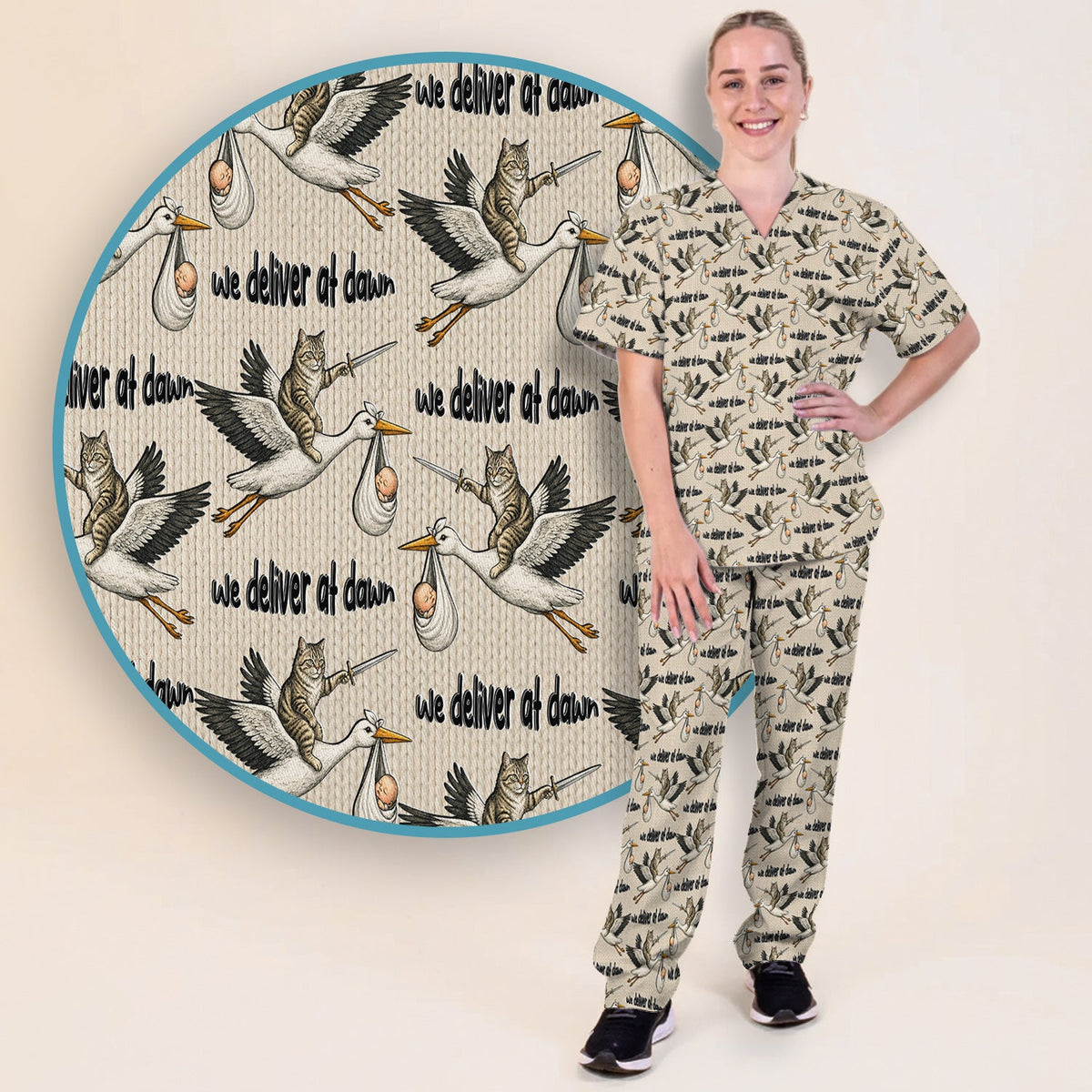 Stork Cat Delivery Nurse Scrub Set