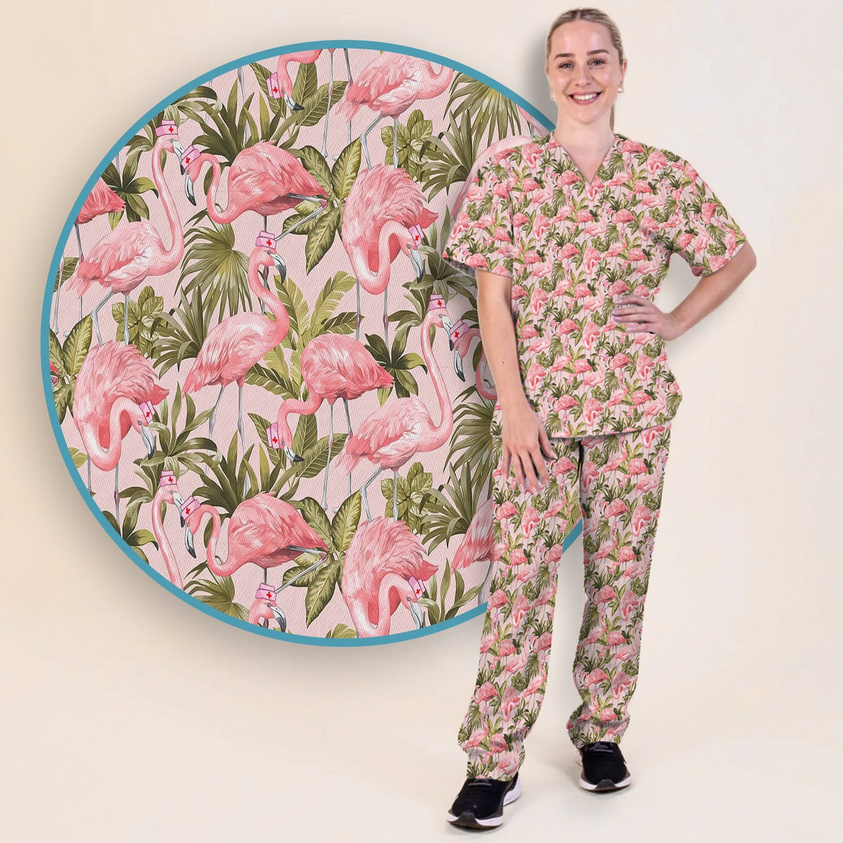 Pink Flamingo Jungle Leaves Nurse Scrub Set