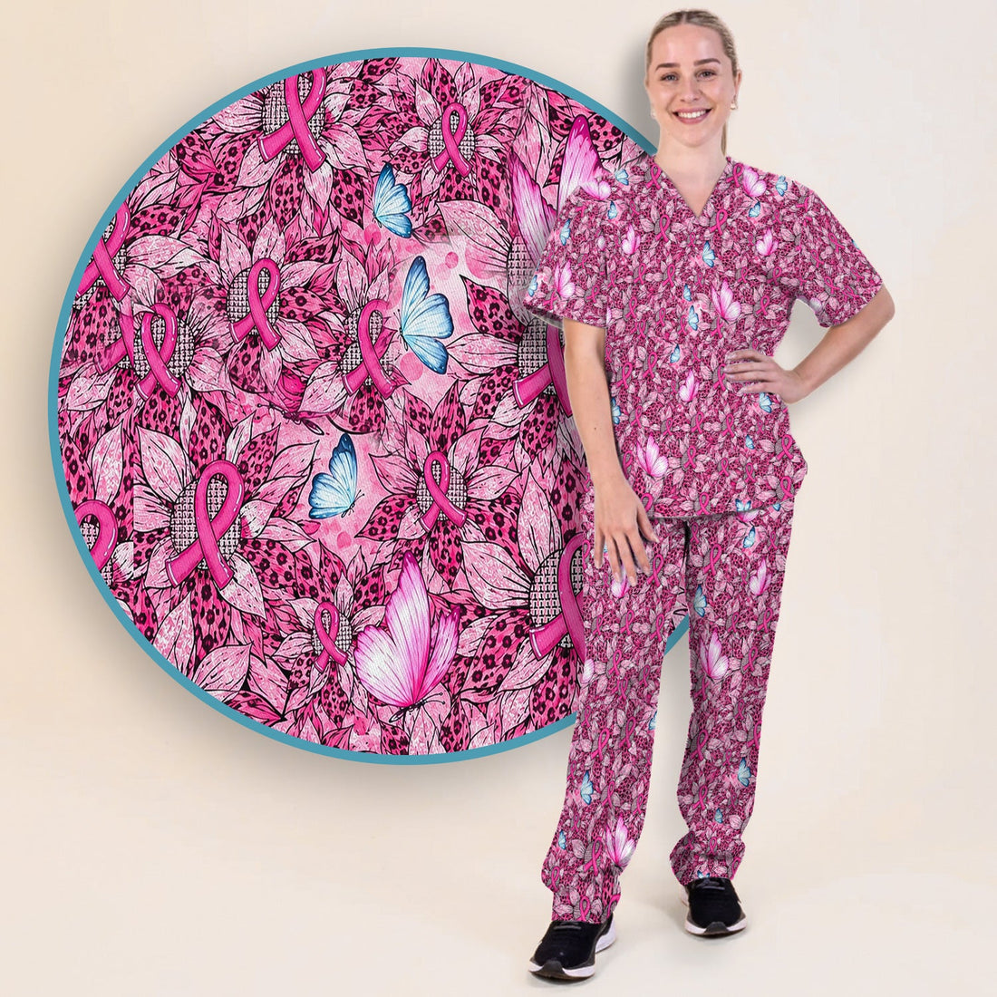 Pink Ribbon Butterfly Breast Cancer Nurse Scrub Set