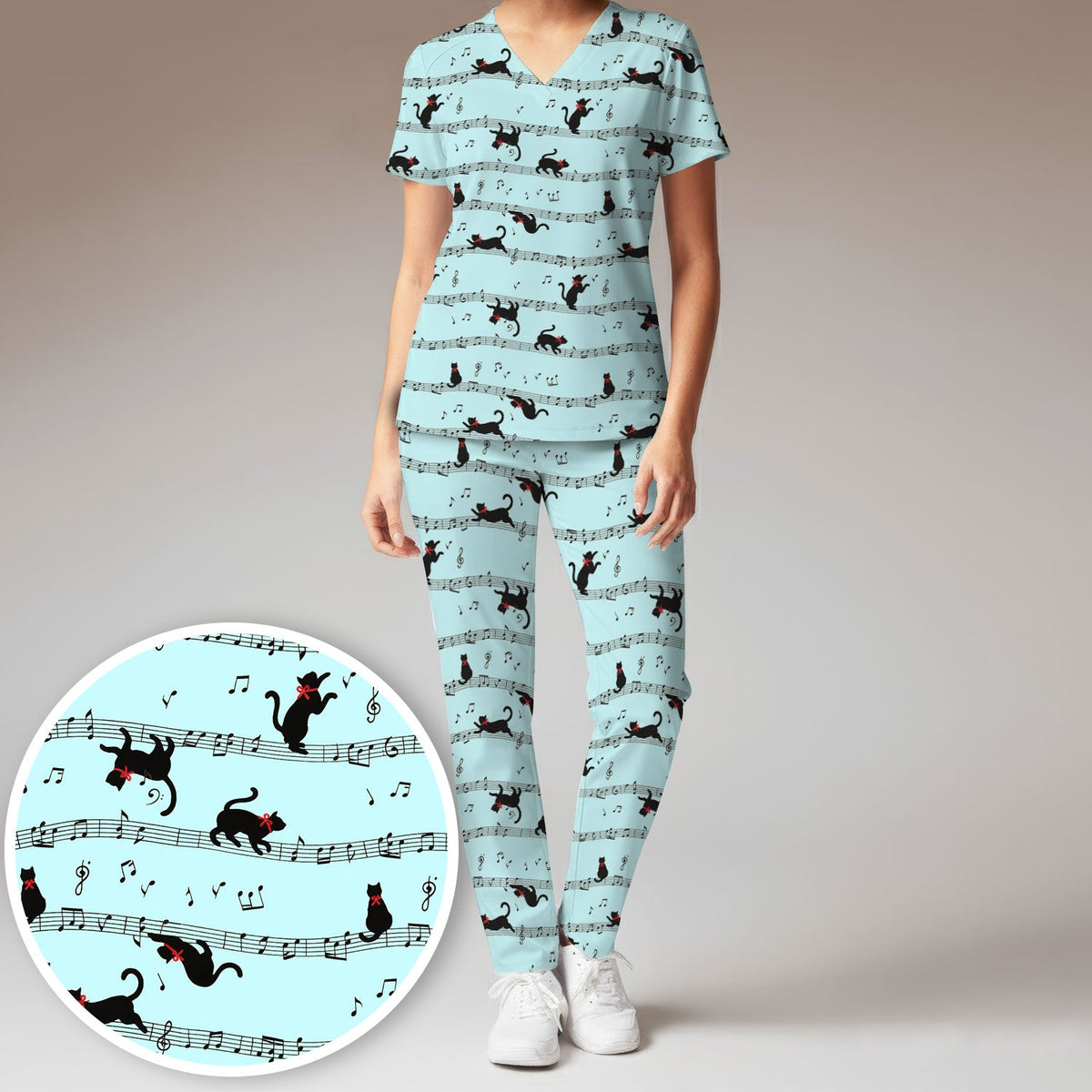 Dancing Black Cat Music Nurse Scrub Set