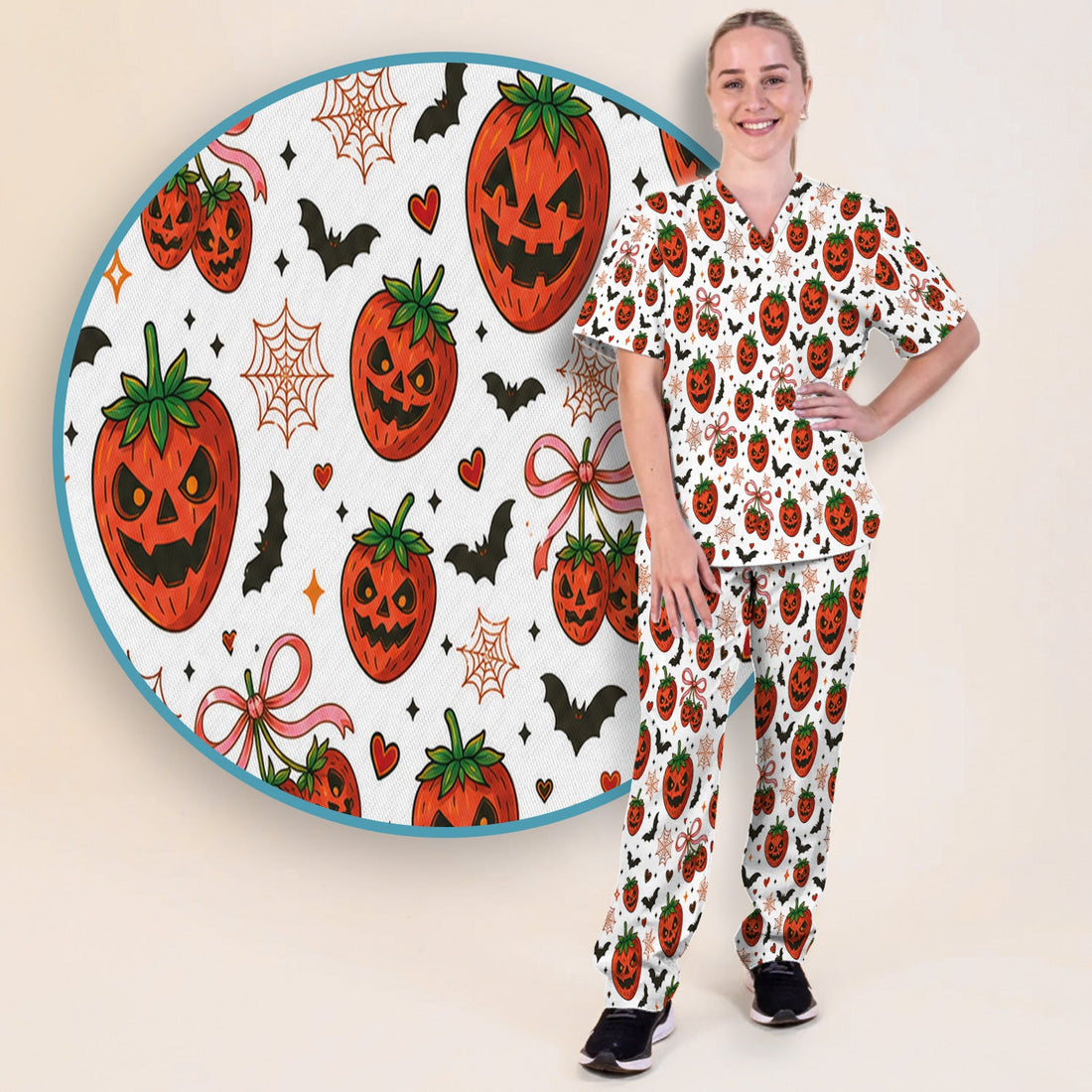 Sweet Halloween Strawberry Jack O Lanterns Nurse Scrub Set