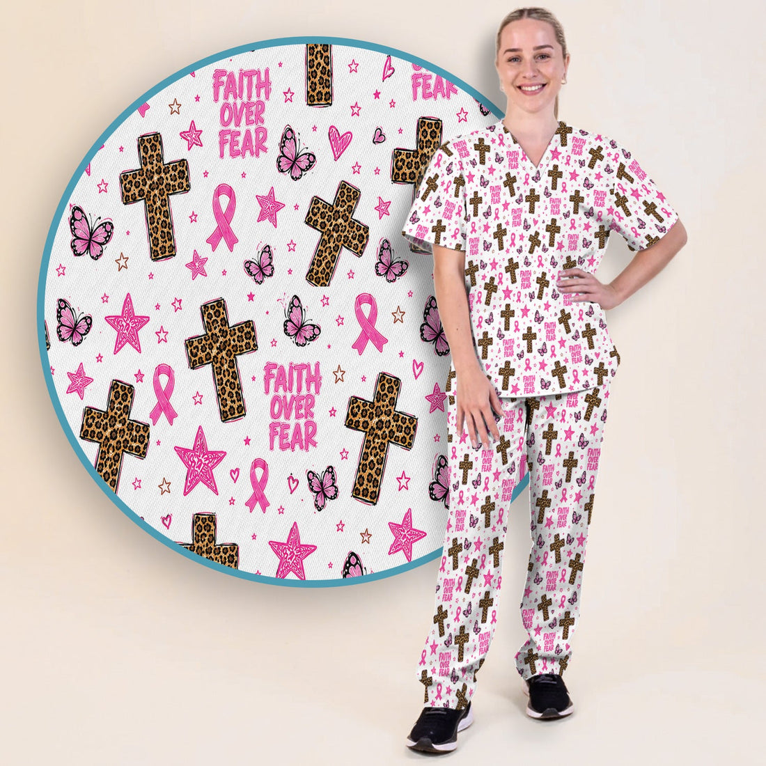 Faith Over Fear Breast Cancer Nurse Scrub Set