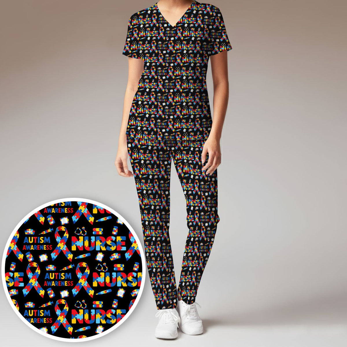 Autism Awareness Puzzle Ribbon Nurse Scrub Set