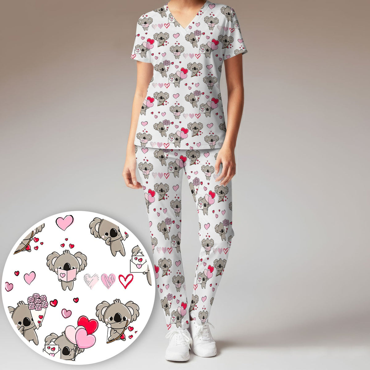 Valentine Koala Holding Flowers Nurse Scrub Set
