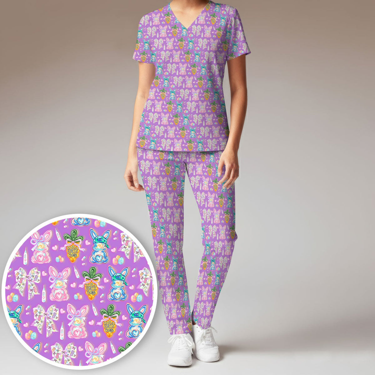 Bunny Carrot Bow Nurse Scrub Set - Easter Gift
