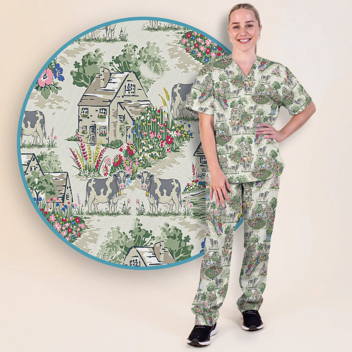 Countryside Cows Cottage Garden Nurse Scrub Set