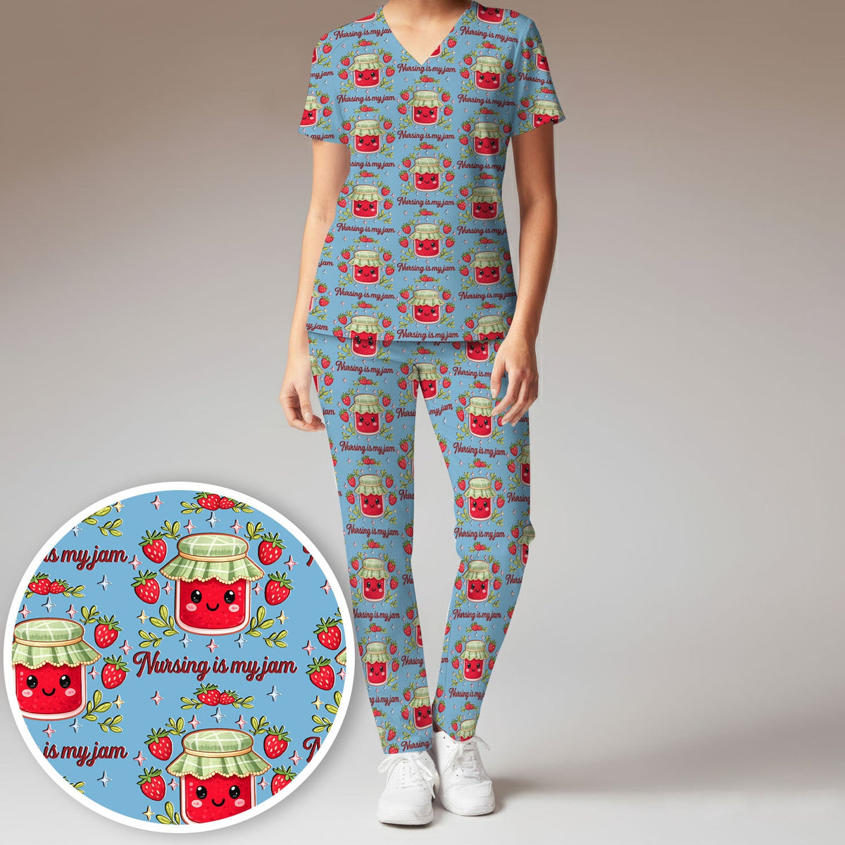 Cute Strawberry Jam Nurse Pattern Scrub Set, Breathable Med Uniform