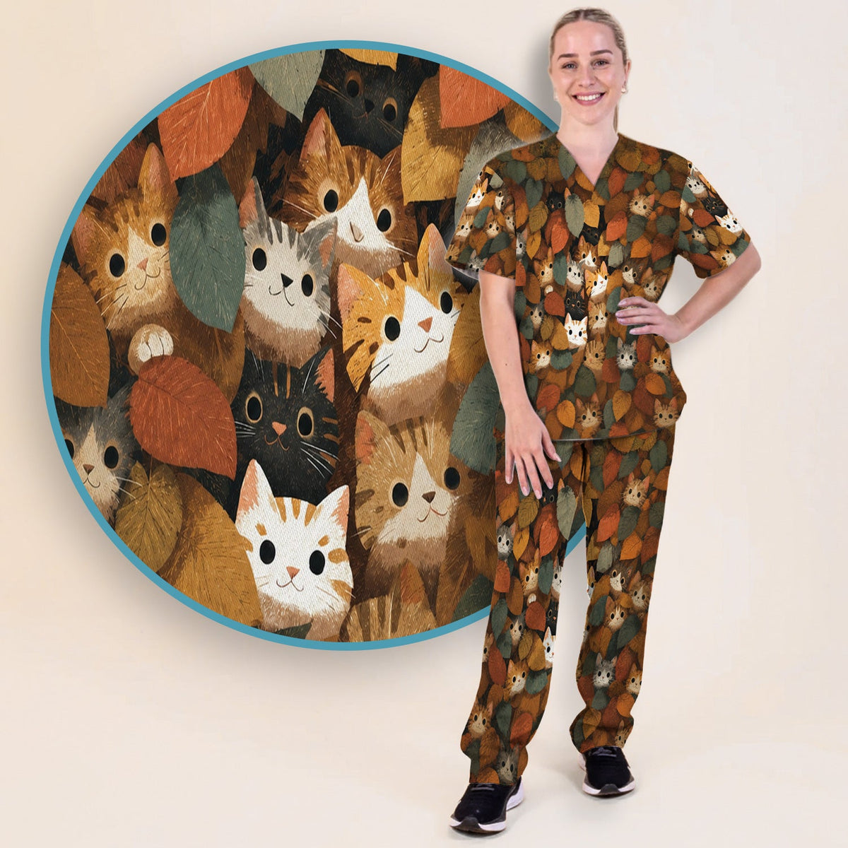 Cute Autumn Cat Leaf Pile Nurse Scrub Set