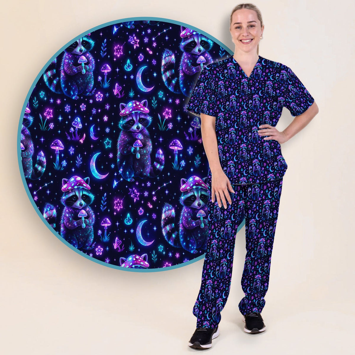 Neon Mushroom Raccoon Moonlight Nurse Scrub Set
